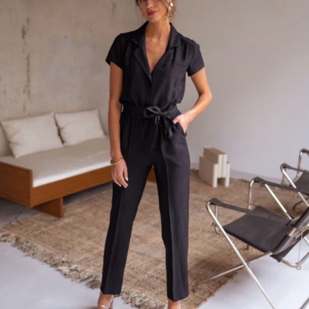 Women's Black Short-Sleeve Belted Jumpsuit